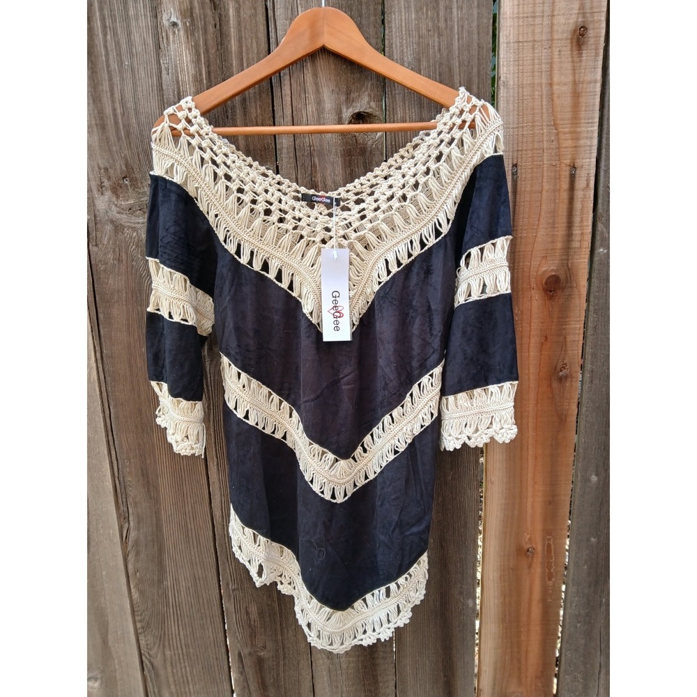 New GEE GEE Women's Black & Ivory W/Knit Lace Inserts V-Neck Poncho/ CoverTop M